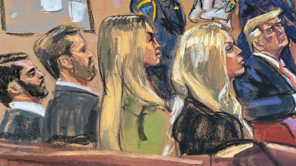 In this courtroom sketch, former President Trump's children — Tiffany Trump, Donald Trump Jr. and Eric Trump with his wife Lara — sit next to Trump in a front row as defense lawyer Todd Blanche presents closing arguments during Trump's criminal trial on charges he falsified business records to conceal money paid to silence porn star Stormy Daniels in 2016 in Manhattan Criminal Court in New York City on Tuesday. (Reuters/Jane Rosenberg )